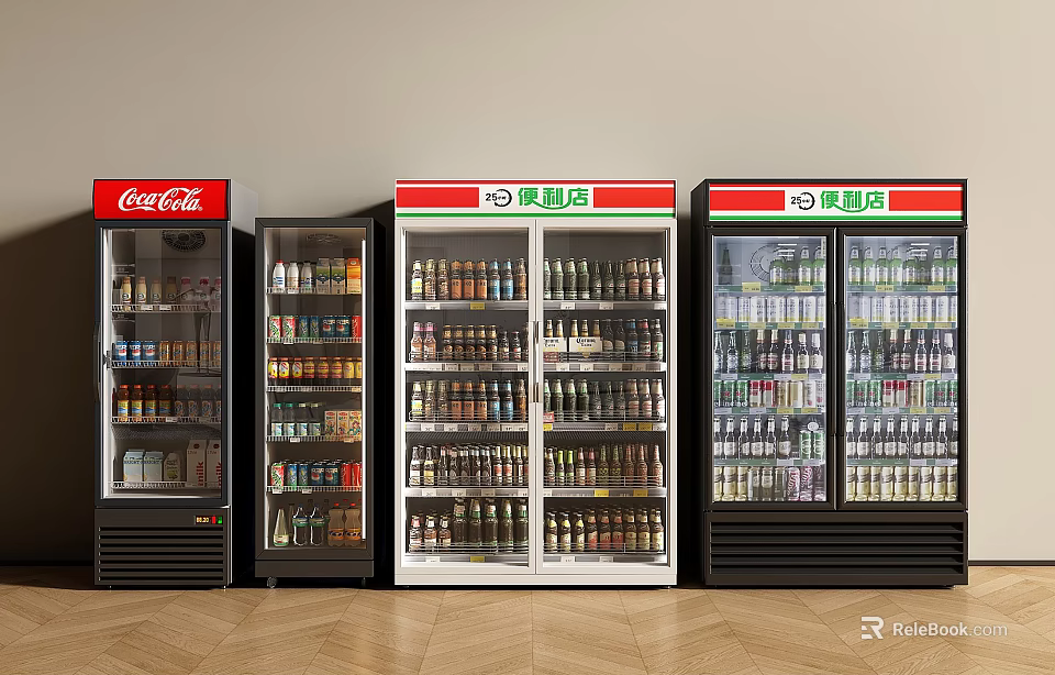 Multiple Commercial Display Refrigerators Stocked With Assorted Beverages In Retail Shop 3d model 