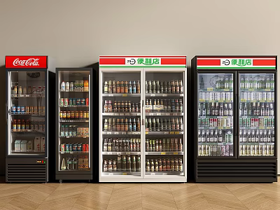 Multiple Commercial Display Refrigerators Stocked With Assorted Beverages In Retail Shop 3d model