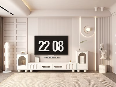 Modern Minimalist TV Background Wall with White Cabinets Round Decorative Light and Digital Clock 3d model