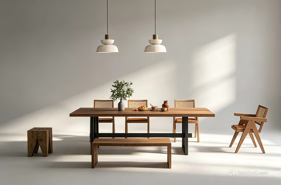 Modern Minimalist Dining Table With Pendant Lights Chairs Bench Green Plant And Fruits 3d model 