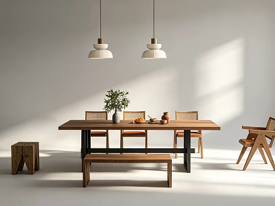 Modern Minimalist Dining Table With Pendant Lights Chairs Bench Green Plant And Fruits 3d model