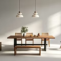 Modern Minimalist Dining Table With Pendant Lights Chairs Bench Green Plant And Fruits