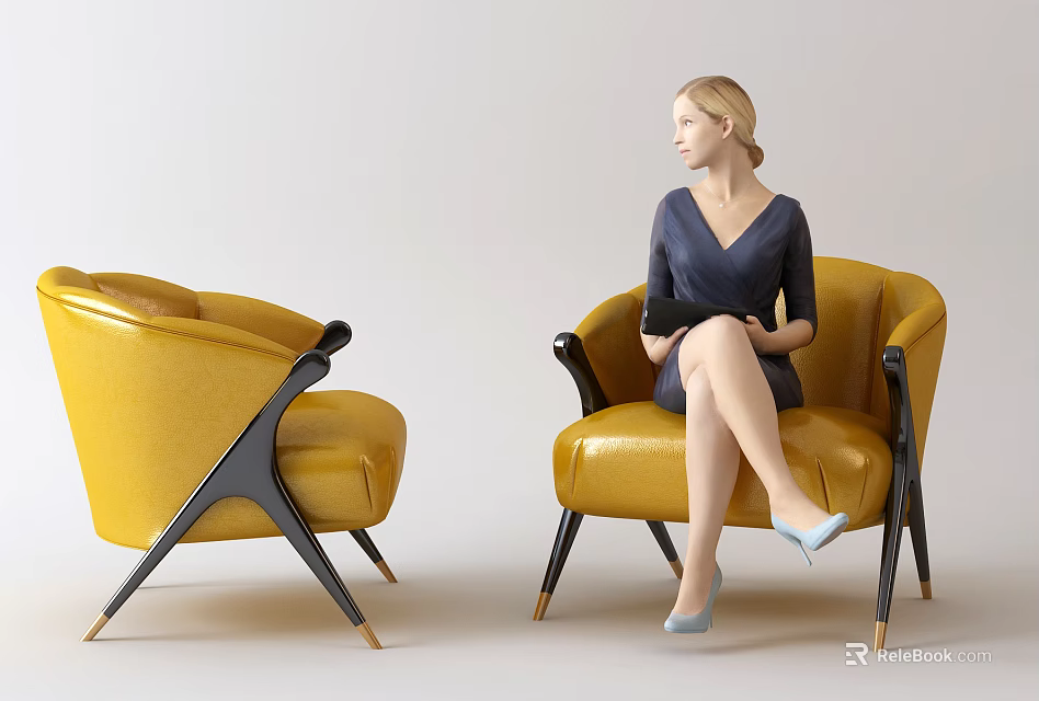 Yellow Armchair With Black And Gold Legs And Woman Sitting 3d model 
