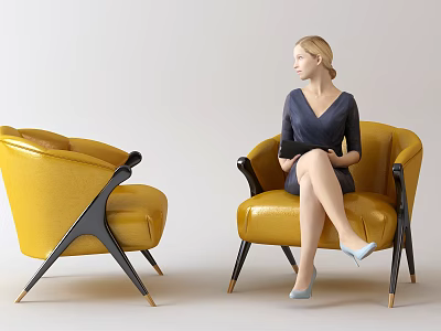 Yellow Armchair With Black And Gold Legs And Woman Sitting 3d model