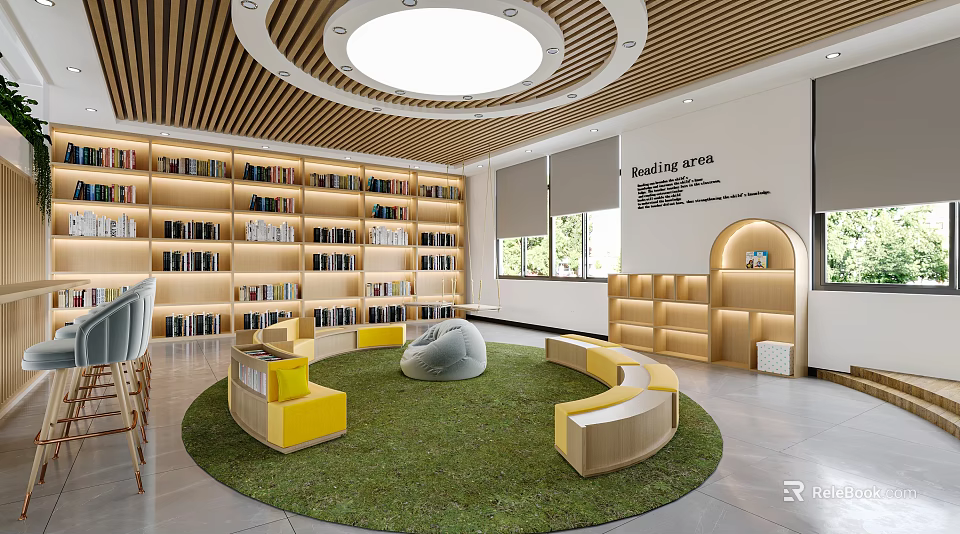 Library Interior Design With Bookshelves Green Area And Yellow Seats 3d model 