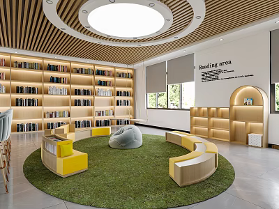 Library Interior Design With Bookshelves Green Area And Yellow Seats 3d model