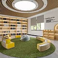 Library Interior Design With Bookshelves Green Area And Yellow Seats