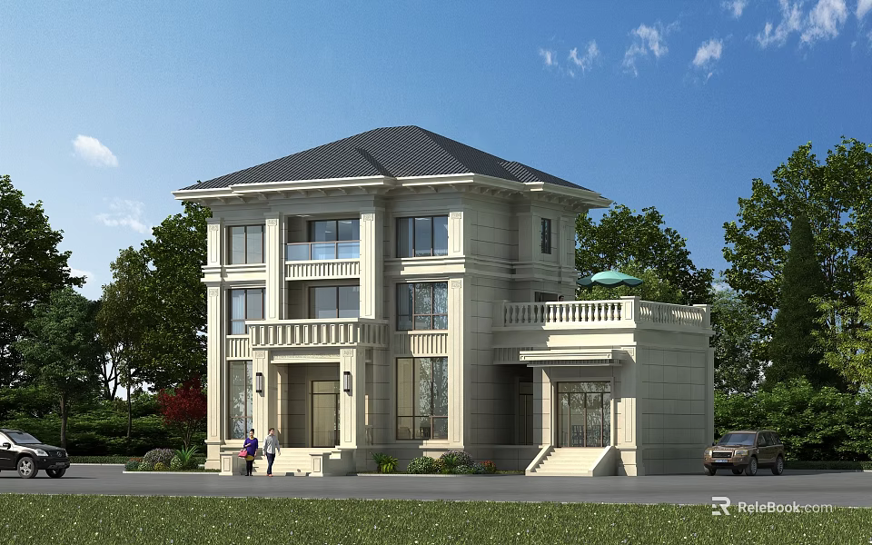 Two Story Detached Villa With Light Beige Exterior Dark Gray Roof And Green Trees 3d model 
