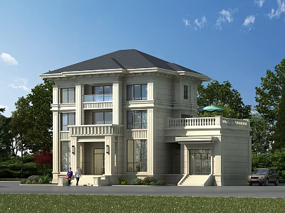 Two Story Detached Villa With Light Beige Exterior Dark Gray Roof And Green Trees 3d model