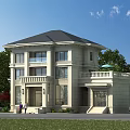 Two Story Detached Villa With Light Beige Exterior Dark Gray Roof And Green Trees