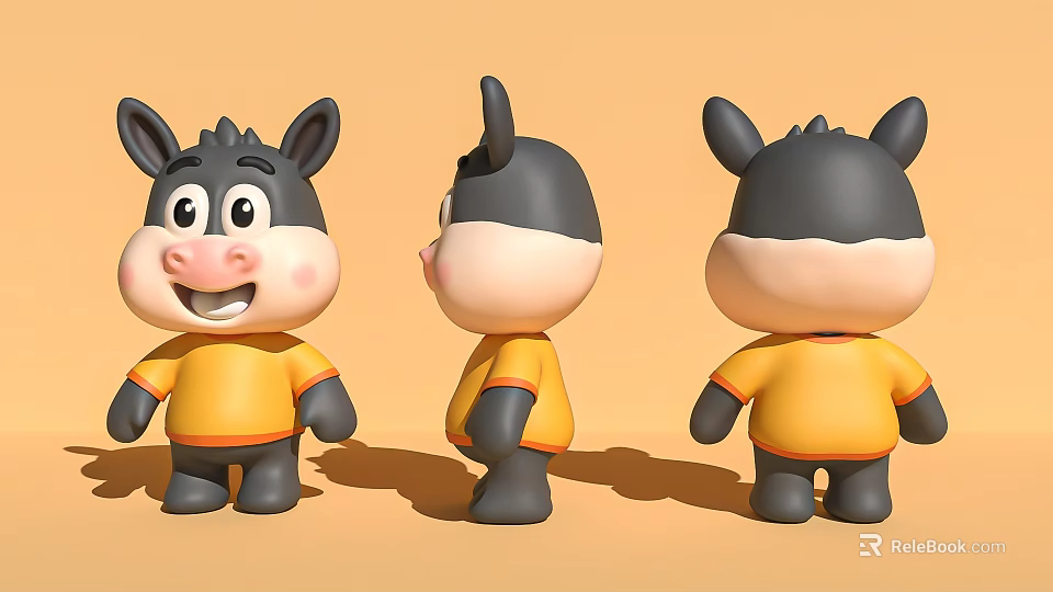 Cartoon Donkey Decorative Ornament Set With Three Angles Front Side Back And Yellow Orange Shirts 3d model 