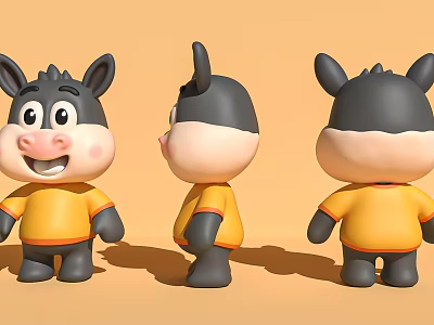 Cartoon Donkey Decorative Ornament Set With Three Angles Front Side Back And Yellow Orange Shirts 3d model