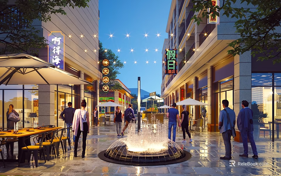 Vibrant Commercial Street With Pedestrians Shopping Central Fountain Outdoor Tables Umbrellas Illuminated Storefronts String Lights 3d model 