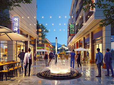 Vibrant Commercial Street With Pedestrians Shopping Central Fountain Outdoor Tables Umbrellas Illuminated Storefronts String Lights 3d model
