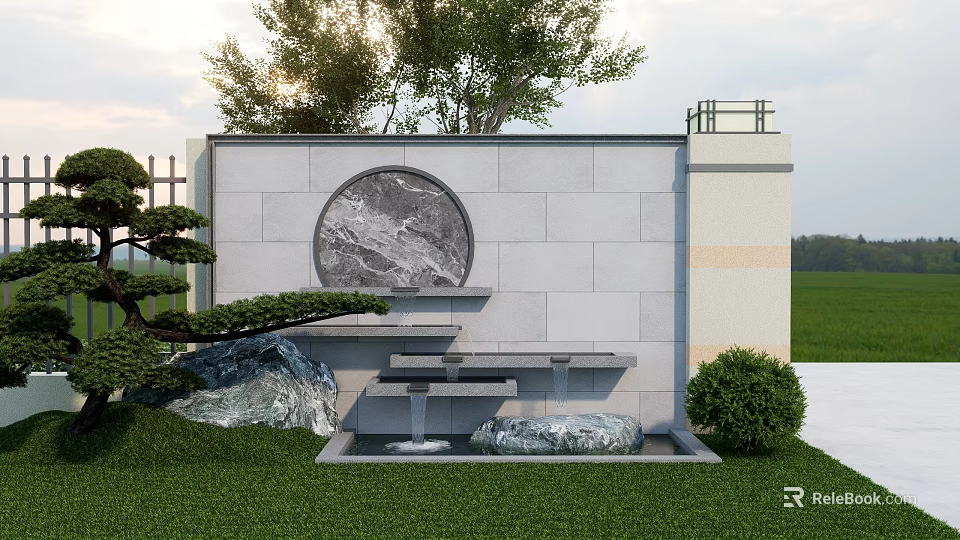 Gray Stone Brick Courtyard Background Wall With Round Marble Decoration Water Feature And Green Plants 3d model 