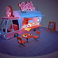 Pink And Blue Candy Food Truck With Sign Various Candies Tables Chairs And Chalkboard Menu