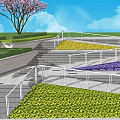 Outdoor Staircase with Landscaped Lawn Pink Flowering Trees Purple and Yellow Flower Beds and Railing