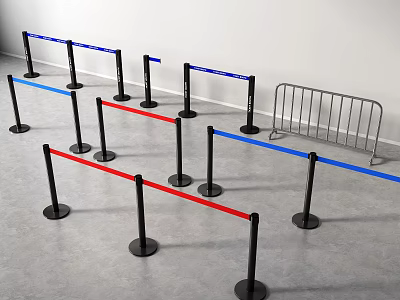 Stanchion Barriers with Blue and Red Straps Black Metal Poles Arranged on Gray Floor 3d model