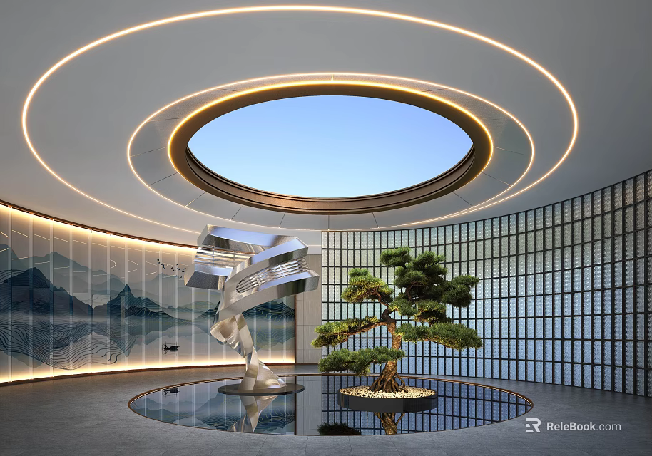 Elegant Interior Courtyard Garden With Circular Skylight Metal Sculpture And Bonsai Pine Tree 3d model 