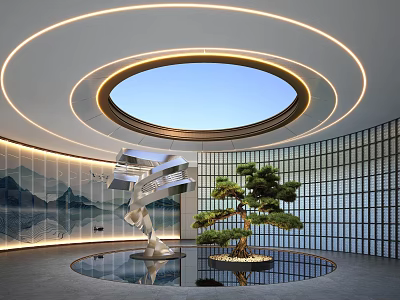 Elegant Interior Courtyard Garden With Circular Skylight Metal Sculpture And Bonsai Pine Tree 3d model