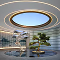Elegant Interior Courtyard Garden With Circular Skylight Metal Sculpture And Bonsai Pine Tree