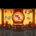 Traditional Chinese Xiangtu Themed Stage With Red Lanterns Wooden Furniture And Yellow Background
