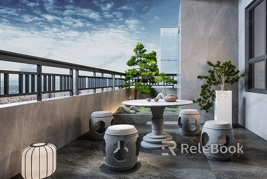 modern balcony outdoor stone table stone bench model