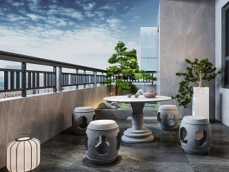 modern balcony outdoor stone table stone bench 3d model