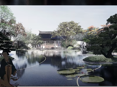 Traditional Chinese Garden Landscape With Pond Lotus Leaves And Pavilion Reflections 3d model