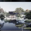 Traditional Chinese Garden Landscape With Pond Lotus Leaves And Pavilion Reflections