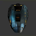 Futuristic Weapon Helmet with Metallic Shell Blue Orange Glowing Lights and Advanced Design