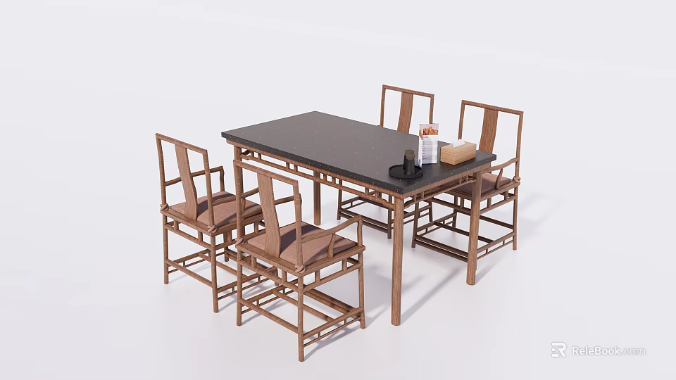 Traditional Chinese Style Dining Table Set With Black Tabletop And Four Wooden Chairs 3d model 