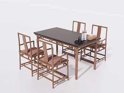 Traditional Chinese Style Dining Table Set With Black Tabletop And Four Wooden Chairs 3d model