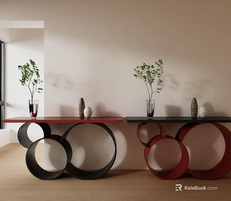 Modern Console Table Design With Red Black Round Base Green Plants And Decorative Vases 3d model 