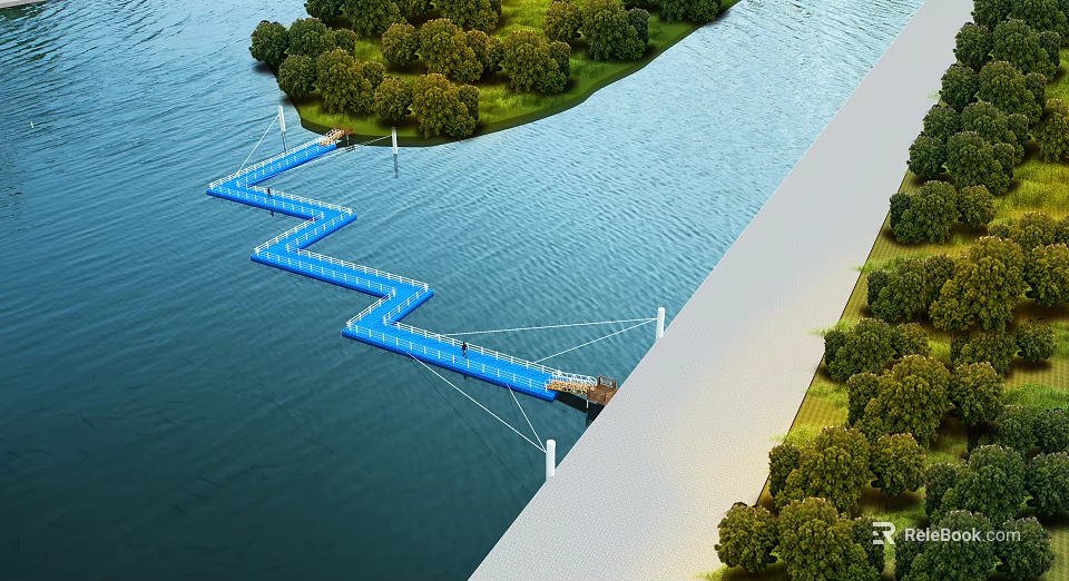 Scenic Blue Zigzag Bridge Over Water Surrounded by Trees and Green Grass 3d model 