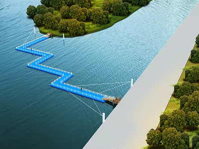 Scenic Blue Zigzag Bridge Over Water Surrounded by Trees and Green Grass 3d model
