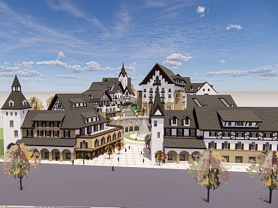 European Style Commercial Street With Steep Roofs Multi Story Buildings And Trees 3d model