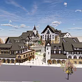 European Style Commercial Street With Steep Roofs Multi Story Buildings And Trees