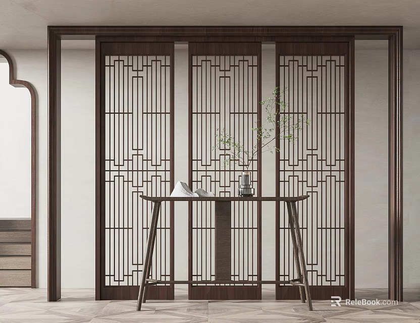 Modern Chinese Console Table Interior With Wooden Screen Geometric Patterns And Green Plant Decor 3d model 