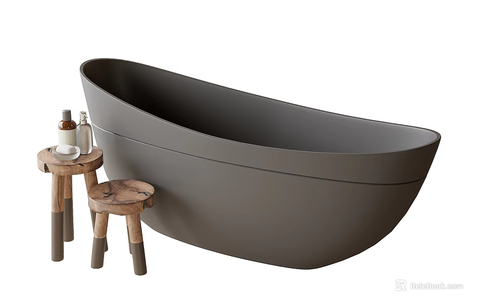 Modern Grey Oval Bathtub With Wooden Stools And Bathroom Accessories 3d model 