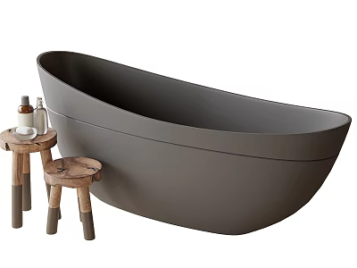 Modern Grey Oval Bathtub With Wooden Stools And Bathroom Accessories 3d model