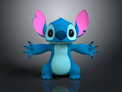 3D Stitch Cartoon Character Model With Blue Body Pink Inner Ears And Open Arms 3d model
