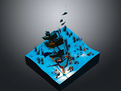 3D Underwater Scene Design With Wrecked Ship Fish Sea Plants And Lighting 3d model