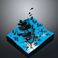 3D Underwater Scene Design With Wrecked Ship Fish Sea Plants And Lighting