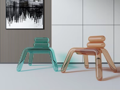 Modern Accent Chairs In Turquoise And Amber Transparent Design With Abstract Painting On Geometric Wall 3d model