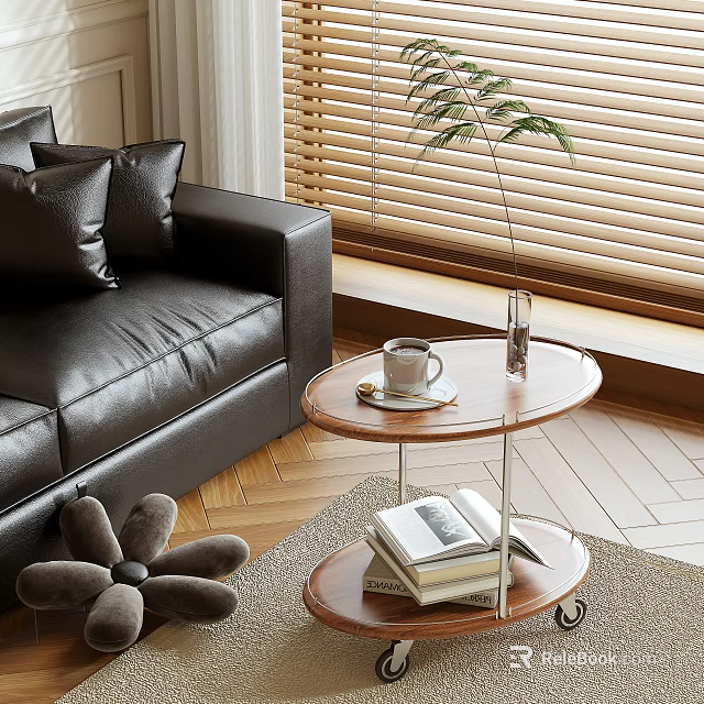 Modern Wooden Side Table With Coffee Cup Books And Plant Near Sofa 3d model 