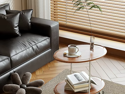 Modern Wooden Side Table With Coffee Cup Books And Plant Near Sofa 3d model