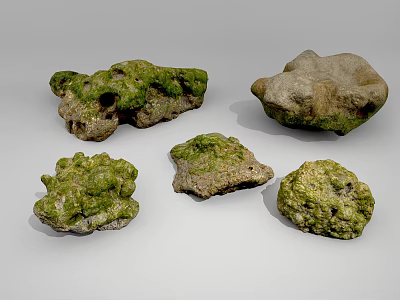 Natural Stone and Wood Decorative Pieces with Green Moss and Textured Surfaces 3d model