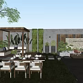 Garden Landscape Design With Outdoor Dining Area Green Wall Wooden Pergola And Lawn