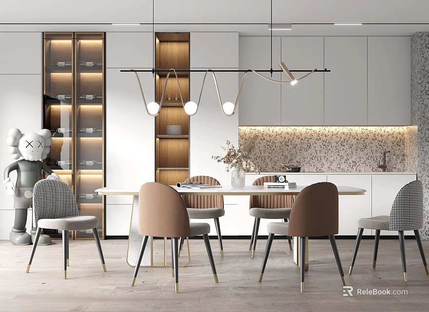 Modern Dining Table Set With Mixed Chairs Pendant Lights And Decorative Backsplash 3d model